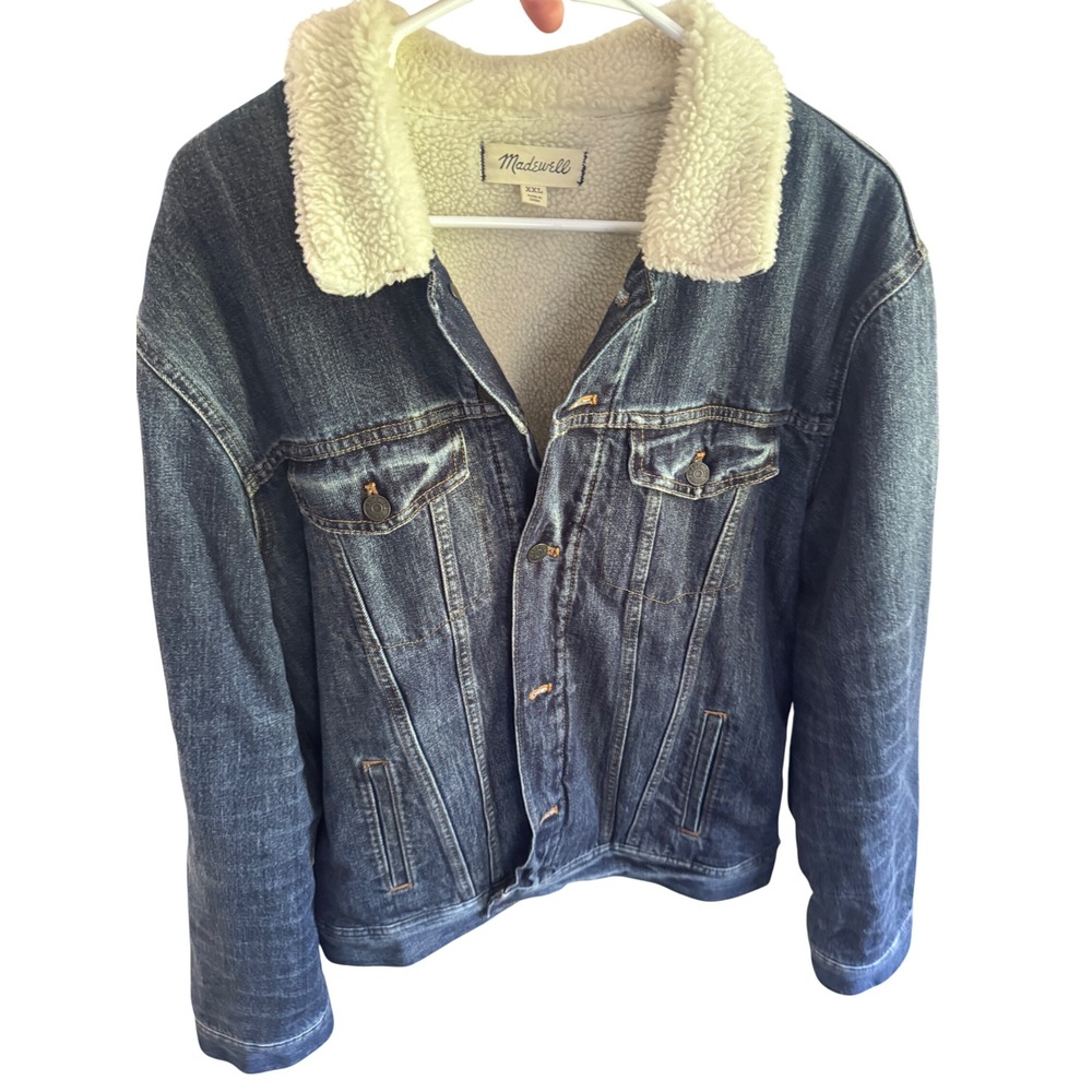 Madewell Mens Sherpa Lined Denim Trucker Jacket XXL Blue Faux Shearling Jean